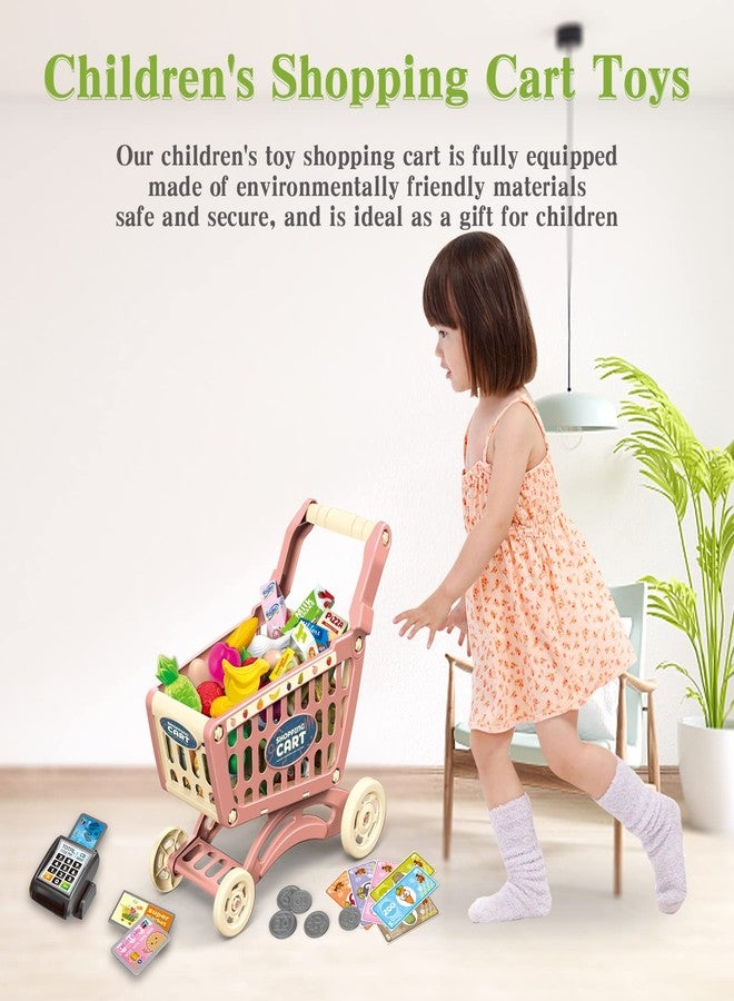 RedCrab Kids Shopping Cart Toy Supermarket 54pcs Playset Included Grocery Cart Toy,Credit Card Pretend Fruit Vegetables Shop Accessories for Boy Girl Kid (Pink) - Image 2